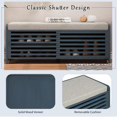 16.5 In. H X 43.3 In. W Navy Blue MDF Shoe Storage Bench with Light Gray Cushion