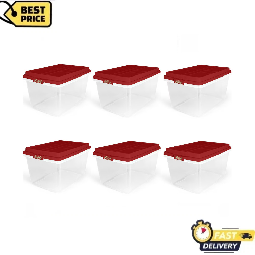 Hefty 72 Qt Clear Plastic Storage Bin Holiday Red HI-RISE Lid Latching Tote, 6PK