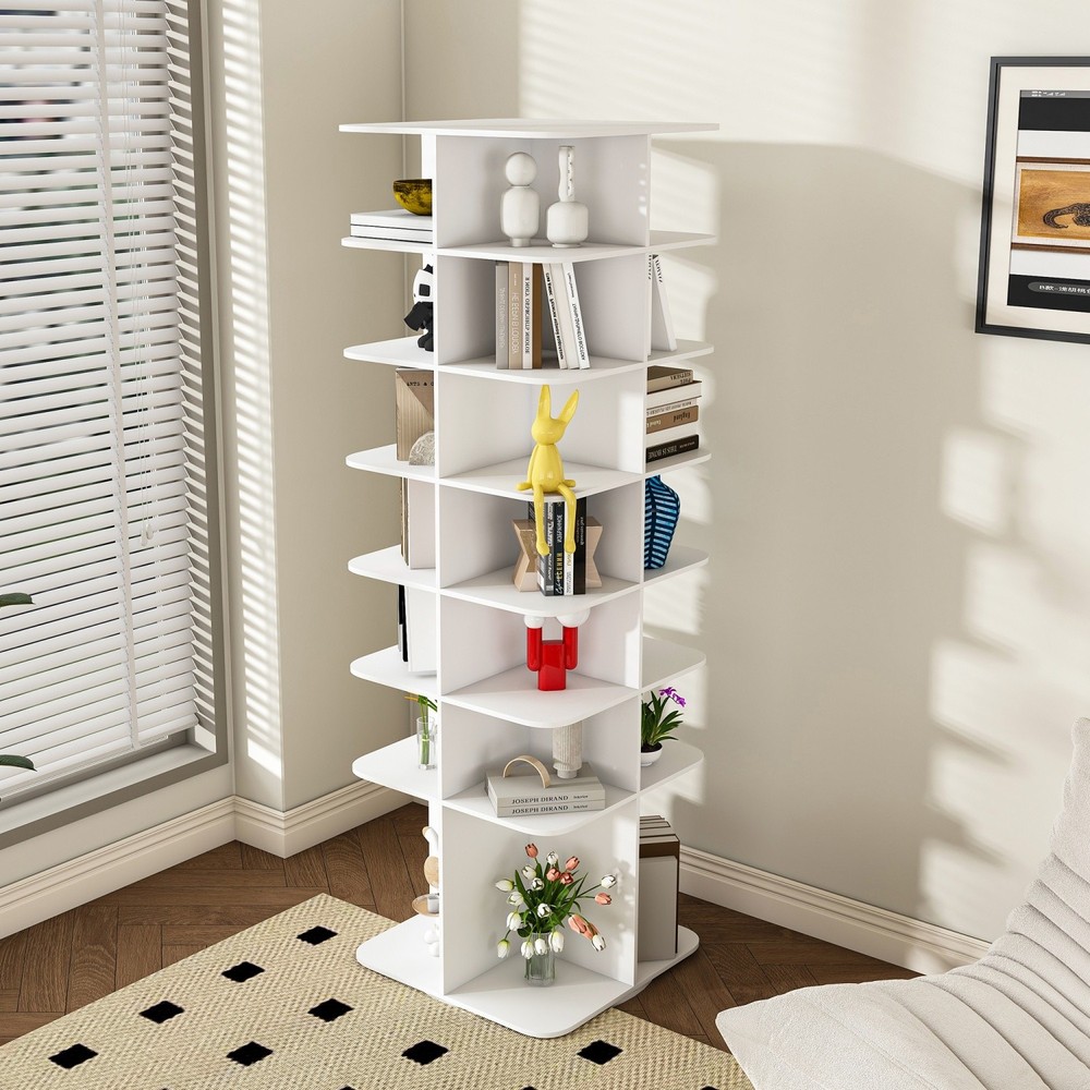 7-Tier Rotating Shoe Rack Tower 360° Spinning Shoe Square Display Carousel White