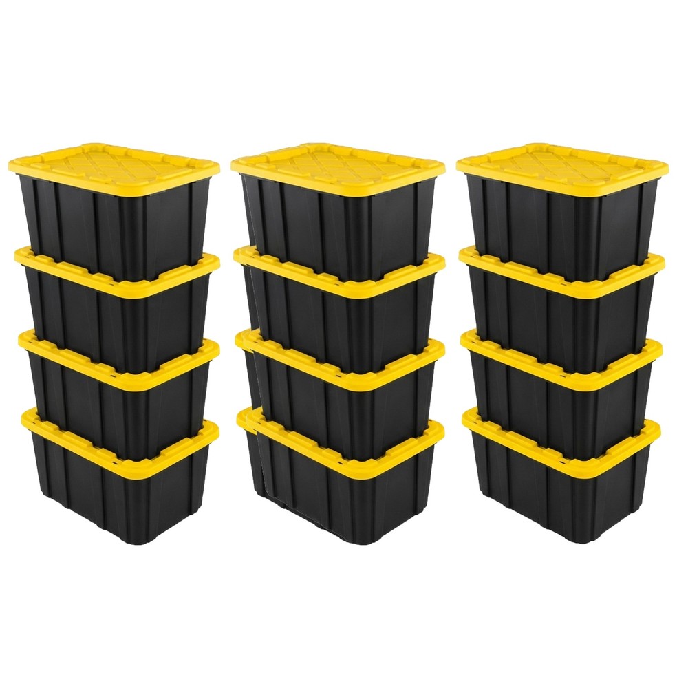 Sterilite 27 Gallon Industrial Stackable Storage Tote Lidded Containers, 12 Pack
