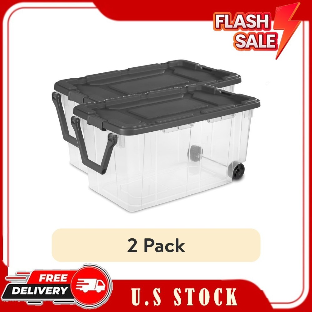 2 Pack Sterilite 160 Qt Wheeled Storage Bin Clear Tote w/ Latch Lid Gray