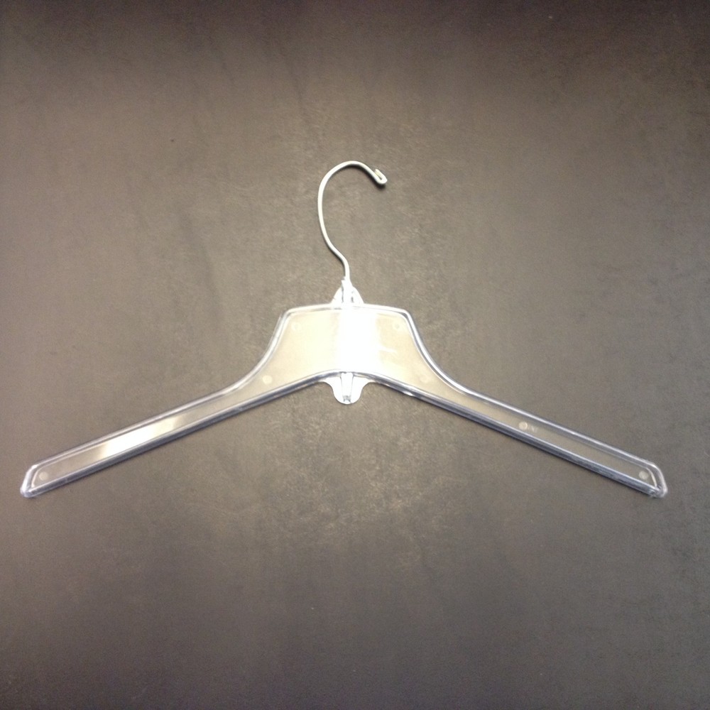 CLEAR PLASTIC JACKET/COAT, HANGER 16.5 in WIDE HEAVIER WEIGHT,70/CASE USED