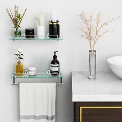 16-Inch Floating Tempered Glass Bathroom Shelf with Towel Bar – Chrome Polished