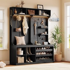 70“ Large Hall Tree W/ Bench & Adjustable Storage Shelves 6-in-1 Farmhouse