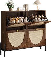 Rattan Shoe Cabinet Storage with 4 Flip Drawers, Freestanding Shoe Storage Organ