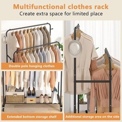 Double Rods Garment Rack with Wheels, Clothing Rack for Hanging Clothes,4 Hoo…