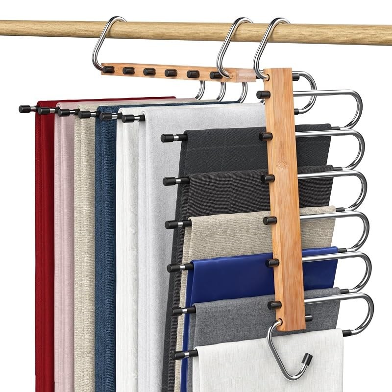 6-in-1 Wooden Pants Hanger – Space-Saving Closet Organizer Rack with Stainles…