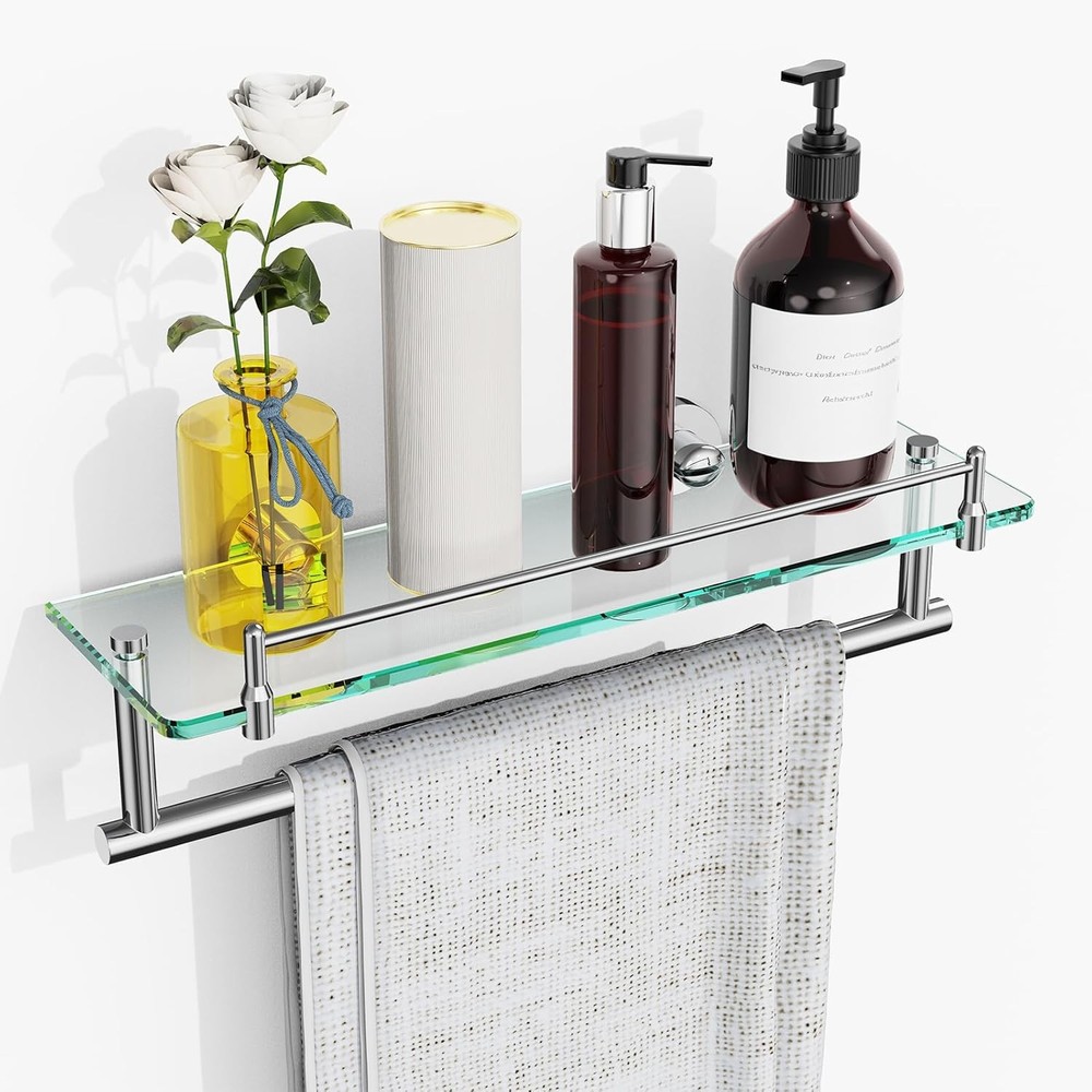 16-Inch Floating Tempered Glass Bathroom Shelf with Towel Bar – Chrome Polished
