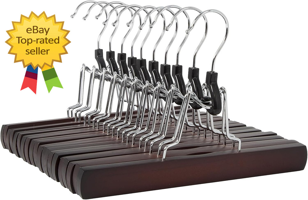 10 Pack Wooden Pants Hangers Cherry Closet Organizer Non Slip Trouser Hangers