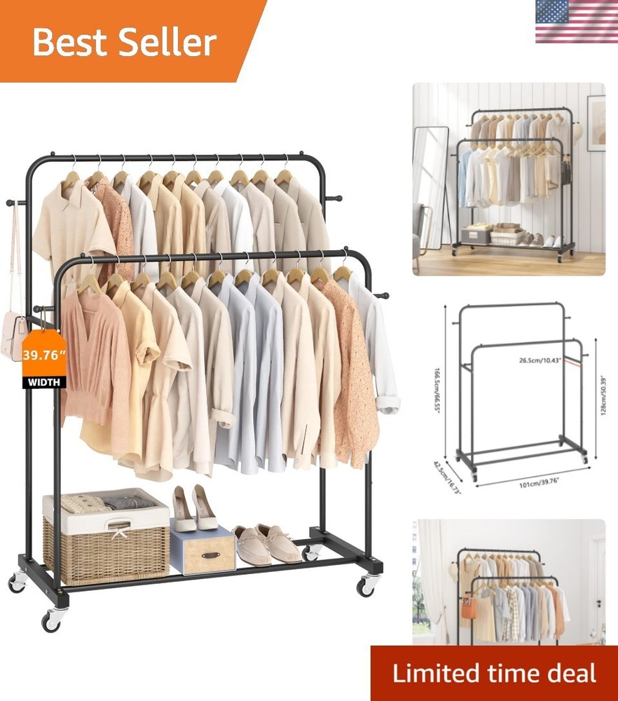 Double Rods Garment Rack with Wheels, Clothing Rack for Hanging Clothes,4 Hoo…