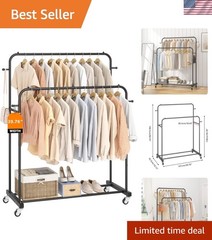 Double Rods Garment Rack with Wheels, Clothing Rack for Hanging Clothes,4 Hoo…