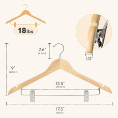 12 Pack Premium Wooden Suit Hangers with Clips for Dresses, Coats, and Pants