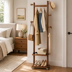 Freestanding Solid Wood Coat Rack with Wheels, 5 Hooks & 2 Shelves – Heavy Duty