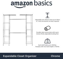 Expandable Adjustable Metal Closet Organizer with Hanging Rod, Clothes Rack, She