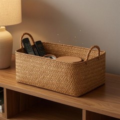 Handwoven Straw Container Braided Woven Basket Tan-Brown for Shelf, Cabinet