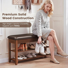 Shoe Bench with Storage, Solid Rubberwood Shoe Rack Bench for Entryway | Adjusta