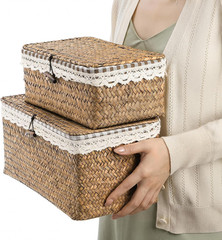 Handwoven Seagrass Storage Baskets with Lids – 2 Pack, Natural Brown