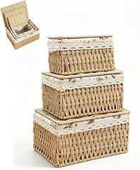 Set of 3 Wicker Storage Baskets with Lids – Natural Rattan Organizers