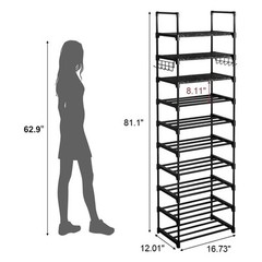 Tall Shoe Rack 10 Tiers Standing Shoes Boots Cabinet Storage Shelf with Hooks US