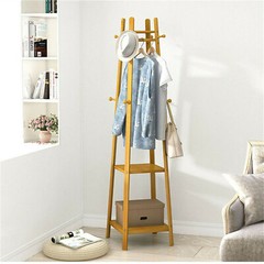Bamboo Clothes Rail Stand Coat Rack with 2 Ladder Shelves w/Hooks Hallway Sturdy