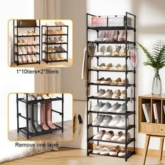 Tall Shoe Rack 10 Tiers Standing Shoes Boots Cabinet Storage Shelf with Hooks US
