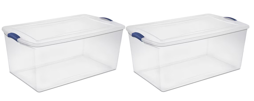 Sterilite 105 Quart Extra-Large Latching Storage Bin Clear Plastic Latch Lid 2Pk