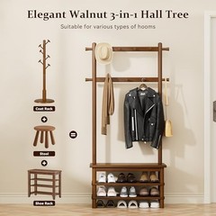 ** NEW Entryway Bench Rack | 3-in-1 Organizer | 11 Hooks | Solid Wood | Brown