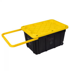 27 Gal. Tough Storage Tote with Wheels and Handle in Black and Yellow NEW
