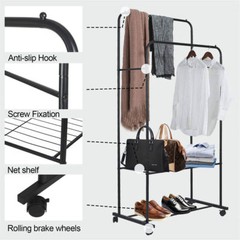 Heavy Duty Clothes Rack Industrial Pipe Garment Rack Rolling Storage Cart Rails