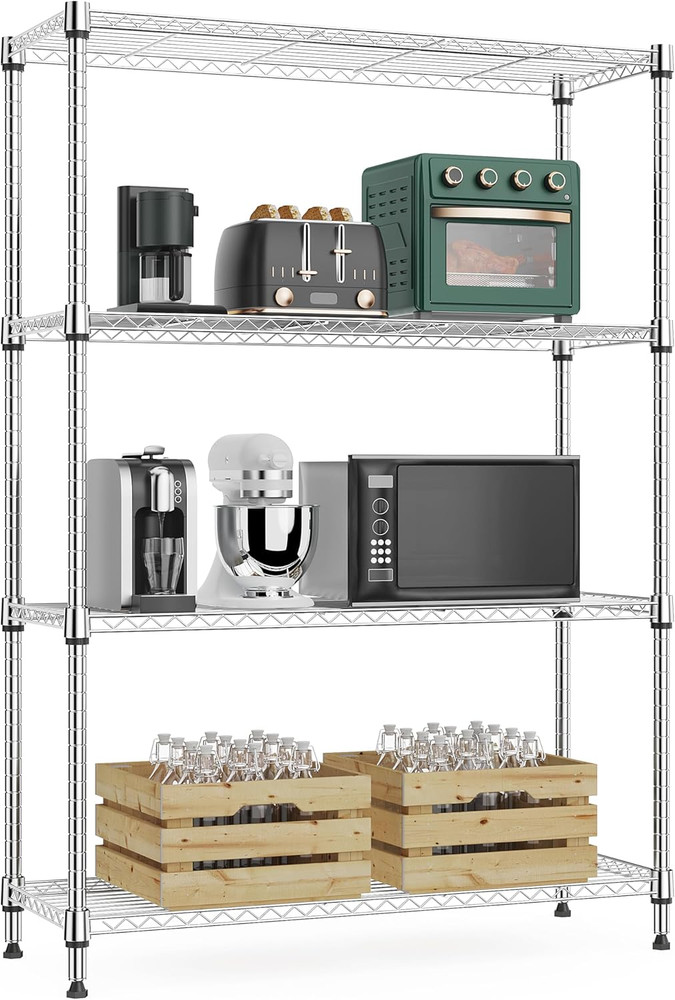 Heavy-Duty 4-Tier Metal Wire Rack with Wheels for Garage & Kitchen Storage