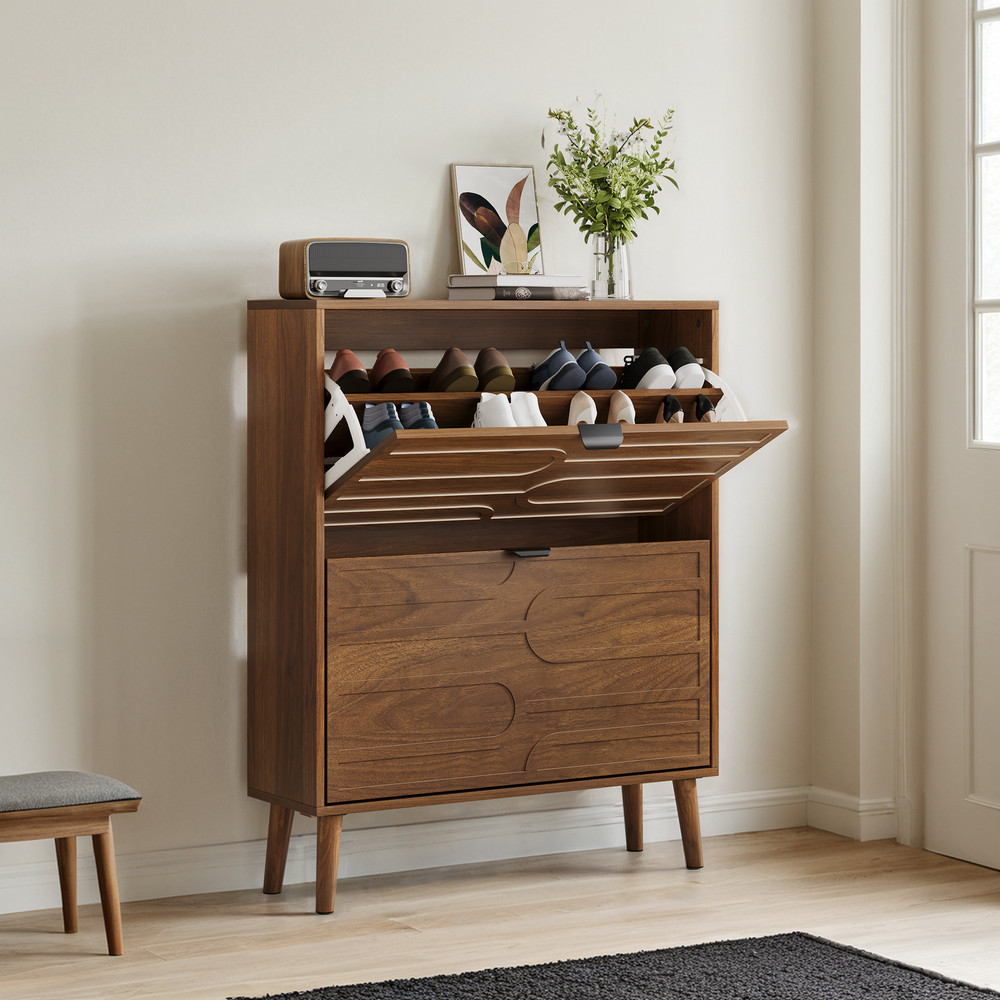 Shoe Cabinet, 31.5″ Walnut, 2 Flip Drawers, Freestanding Storage