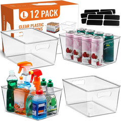 LANDNEOO 12 Pack Clear Storage Bins with Handles & Labels Pantry Organizer