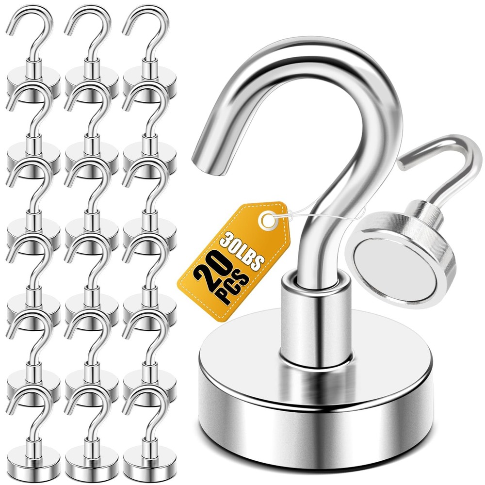 DIYMAG Magnetic Hooks, 30lbs+Magnet Hook 2026 Cruise Cabin Ship 20 Pack (Silver)
