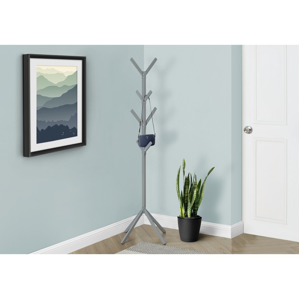 Coat Rack, Hall Tree, 8 Hooks, Entryway, 70″h, Bedroom, Grey Metal, Contemporary