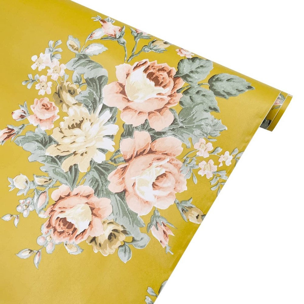 Yifely Vintage Peony Floral Shelving Paper Dark Yellow 9.8″W x 17.7″L,