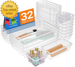 32 PCS Clear Plastic Drawer Organizer Set 4-Size Vanity Trays and Storage Bins