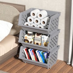 Idotry 3/4-Pack Stackable Storage Bins for Pantry Plastic Organizing Basket Gray