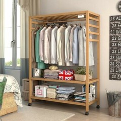 Strong Bamboo Clothes Rail Scarf Cart Hanging Garment Coat Rack Stand On Wheels