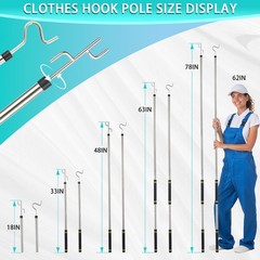 Clothes Hook Pole for Closet,32 to 80In Truck Cargo Recovery Bar Long Handle …