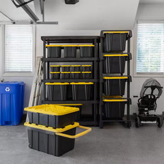 27 Gal. Tough Storage Tote with Wheels and Handle in Black and Yellow NEW