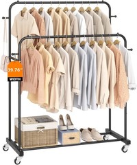 Double Rods Garment Rack with Wheels, Clothing Rack for Hanging Clothes,4 Hoo…