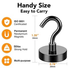 Magnetic Hooks, 50Lbs Strong Neodymium Black Magnet Hook for Hanging, Heavy D…