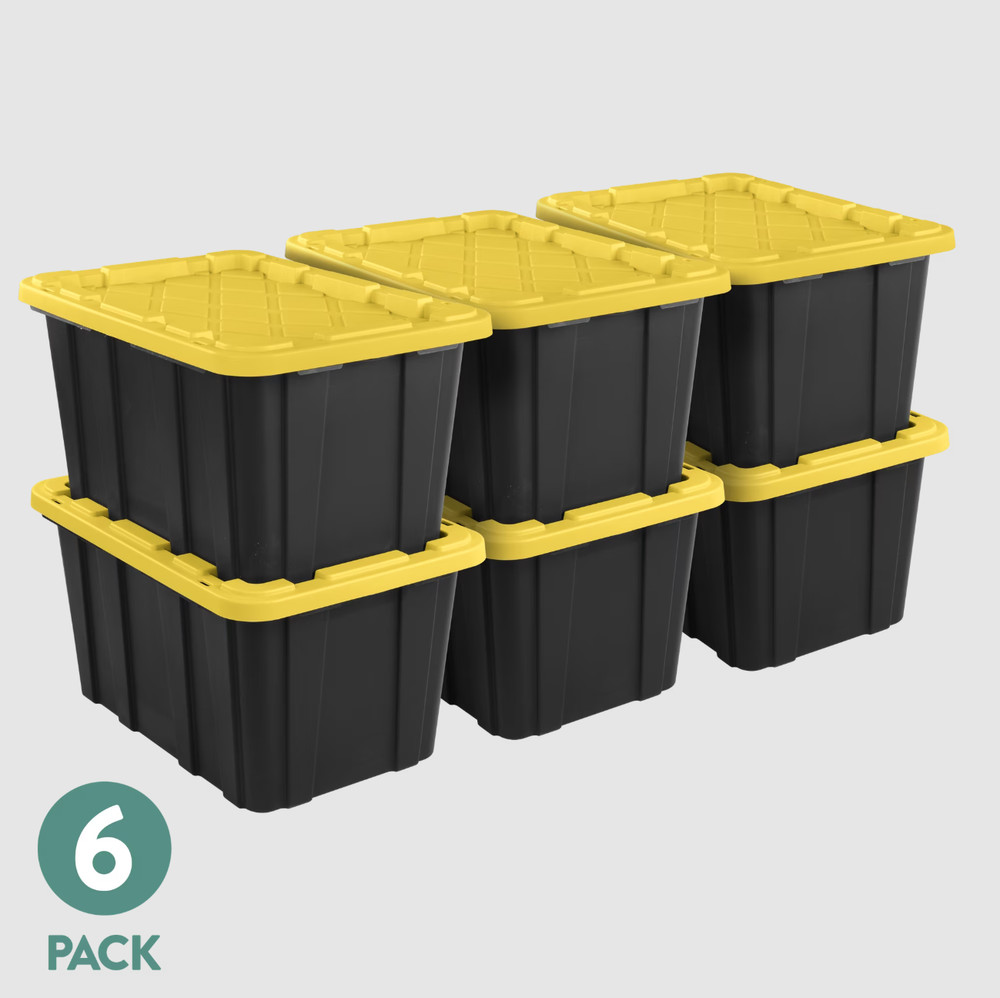 Set of 6 large Sterilite storage bins, 27-gallon capacity, with locking lids.