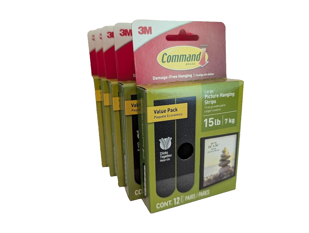 3M Command Strips – Large Picture 15lb Black – 5 boxes, 12 pairs per box