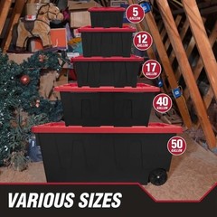 Hyper Tough 12 Gallon Storage Bin w/ Snap Lid, Black/Red Heavy Duty Container.