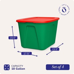 HOMZ 18 Gallon Heavy Duty Plastic Holiday Storage Totes, Green/Red (4 Pack)