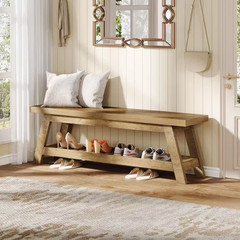 13 In. H X 55 In. W Light Walnut Wood Shoe Storage Bench, Large 2-Tier Narrow Sh
