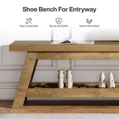 13 In. H X 55 In. W Light Walnut Wood Shoe Storage Bench, Large 2-Tier Narrow Sh