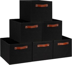 Black Fabric Storage Bins 15x11x9.5 Inch PU Leather Handle Organizer 6 Pack
