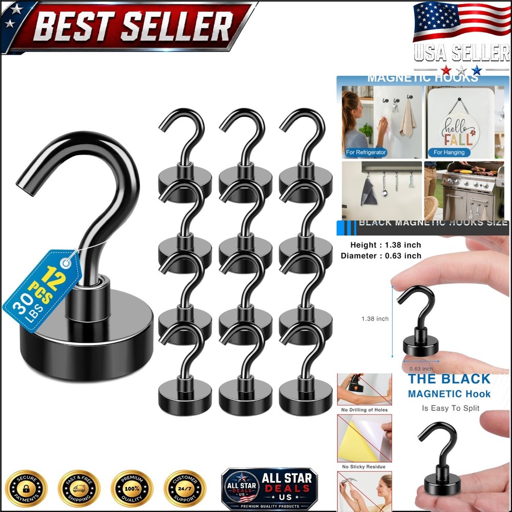 12 Pack Heavy Duty Magnetic Hooks – 30LBS Capacity, Rust-Resistant Black Finish